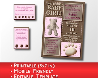 Teddy Bear Baby Shower Invitation | Pink Woodland Animal Theme for a Girl (Editable Template)