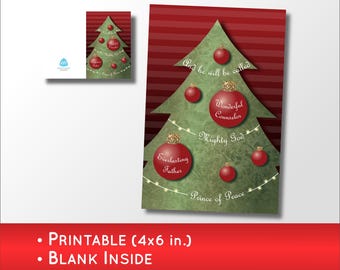 Religious Christmas Card | Red and Green Card with Bible verse (Isaiah 9:6), Christmas Tree, and Ornaments (Printable)