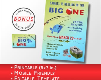 Fishing 1st Birthday Party Invitation | Big One Theme for First Birthday (Editable Template)