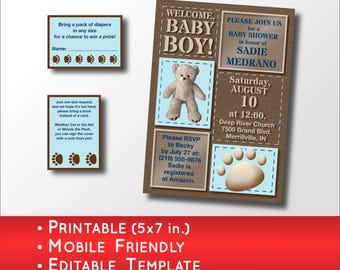 Teddy Bear Baby Shower Invitation | Blue Woodland Animal Theme for a Boy (Editable Template)