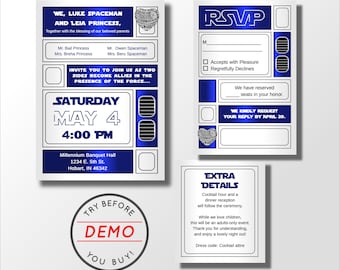 Space Robot Wedding Invitation Suite | Royal Blue & Silver Star Themed Wedding (Editable Template)