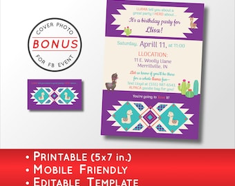 Llama Birthday Party Invitation | Peruvian Geometric Design for Funny Fiesta (Editable Template)