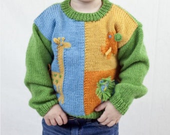 Vintage Knitting Pattern:  Child's Color Blocked Zoo Animal Sweater / Pullover (Size 2, 4, 6)