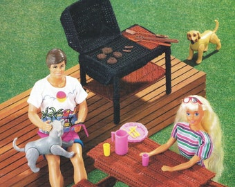 Vintage Plastic Canvas Pattern:  Barbie Picnic Table and Grill Outdoor Furniture Set