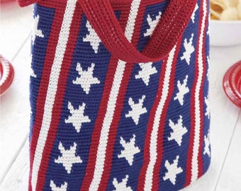 Patrón de ganchillo vintage: Bolso tote con estrellas y rayas patrióticas