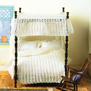 Vintage Crochet Patterns - 1:12 Dollhouse (doll house) Miniature Four Poster Bed Canopy, Bed Curtains, Bedspread, Sheets, Pillows, & Blanket