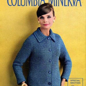 May include: A woman wearing a blue crocheted jacket and skirt. The cover of the book reads "Crochet Collection by COLUMBIA MINERVA" and "SPECIAL SECTION Teach Yourself to Crochet".