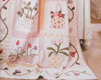 Vintage Quilting Pattern:  Heirloom Shabby Chic Floral Garden Spring Baskets Patchwork and Applique Quilt