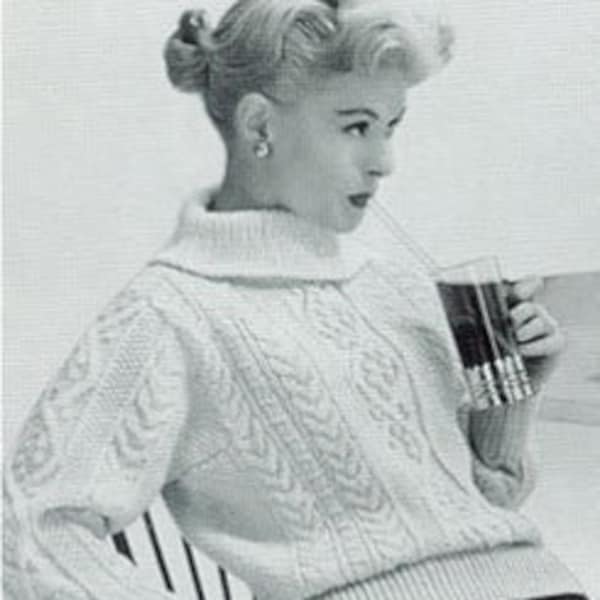 Vintage Knitting Pattern:  Women's Aran Fishing Turtleneck Pullover Sweater (size 34-36 and 40-42)