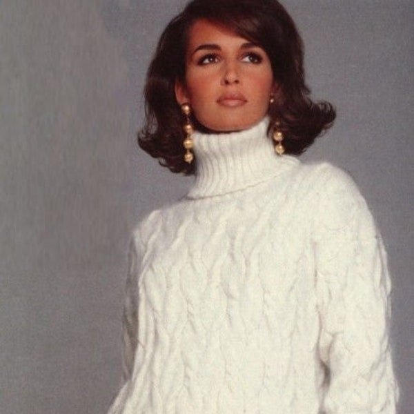 Vintage Knitting Pattern:  Alternating Cable Turtleneck Tunic Sweater (Size S, M, L)