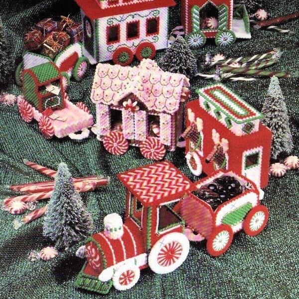 Vintage Plastic Canvas Pattern:  Santa's Christmas Train Winter Rail Cars