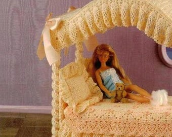 Vintage Crochet Pattern:  Barbie Fashion Doll Furniture Canopy Bed, Sheets, Blankets, Pillows for Dream Home Dollhouse