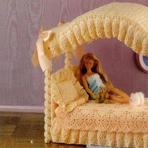 Vintage Crochet Pattern:  Barbie Fashion Doll Furniture Canopy Bed, Sheets, Blankets, Pillows for Dream Home Dollhouse