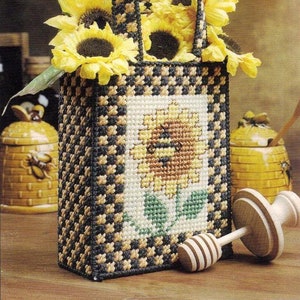 Vintage Kunststoff Leinwand Muster: Sonnenblume Karo Honigbiene Herbst Tragetasche (Biene, Hummel)