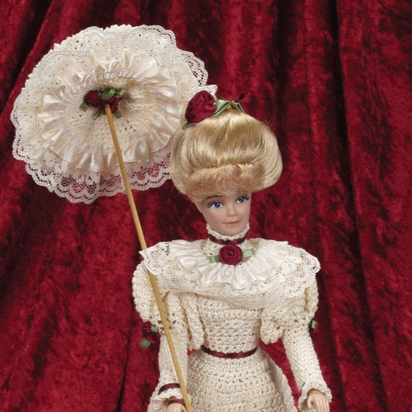Vintage Crochet Pattern:  Victorian Rose Trimmed Dress and Matching Parasol for Barbie Fashion Doll