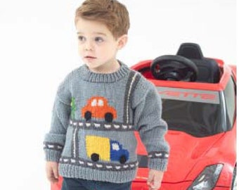 Vintage Knitting Pattern: Child's Cars & Trucks Traffic Sweater (Size 2, 4, 6)