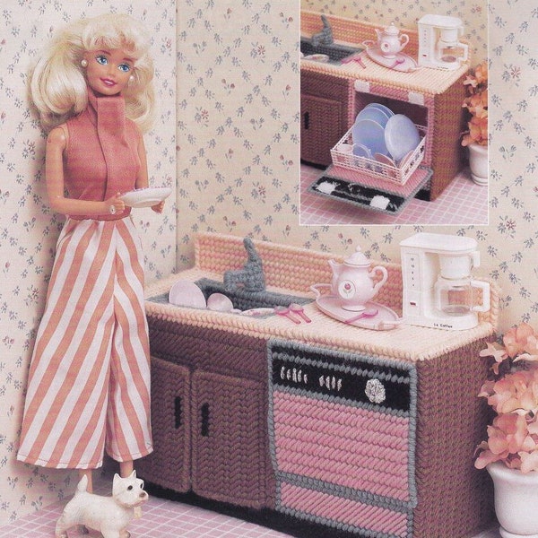 Vintage Plastic Canvas Pattern:  Barbie Kitchen Sink and Dishwasher (Dream Home Doll House Furniture)