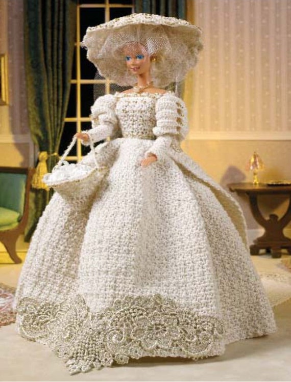 barbie clothes wedding dress Vintage Crochet Pattern: Victorian Wedding Bridal Gown with Basket, Hat,  and Train for Barbie Fashion Doll