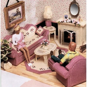 Vintage Plastic Canvas Pattern:  Rosebud Living Room Furniture for Barbie&#39;s Dream Home Doll House