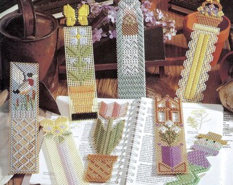 Vintage Plastic Canvas Pattern:  Bookmarks (Bookworm, Butterfly, Duck, Country Basket, Basket of Flowers, Tulip, Pansy, Cross)