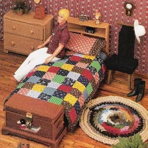 Vintage Plastic Canvas Pattern:  Ken&#39;s Bedroom Furniture for Barbie Dream House (Bed, Dresser, Chest, Chair)