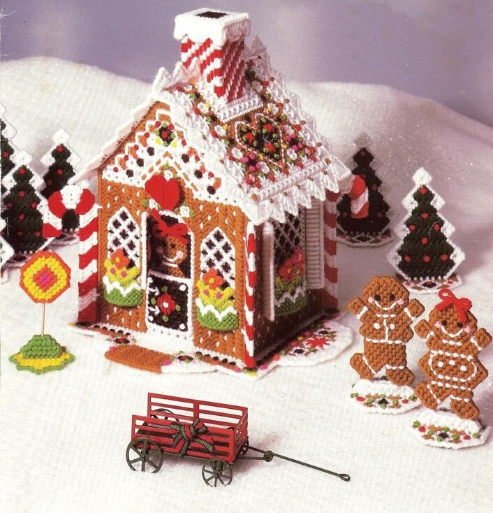 Vintage Plastic Canvas Pattern:  Gingerbread House Christmas Decor