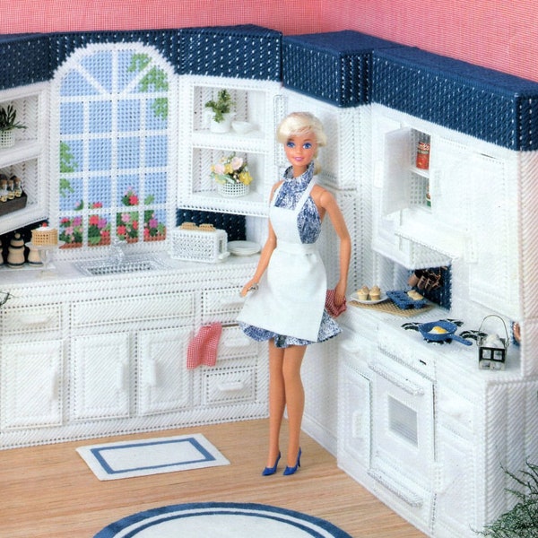 Vintage Plastic Canvas Pattern:  Barbie Dream Home Dollhouse Kitchen Furniture (Sink, Stove / Oven, Refrigerator, Cabinets, and Accessories)