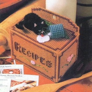 May include: A brown and tan plastic canvas box with the word "Recipes" embroidered on the front. A black cat with white markings is lying on top of the box, with a blue and white bucket beside it. The box is sitting on a wooden surface.