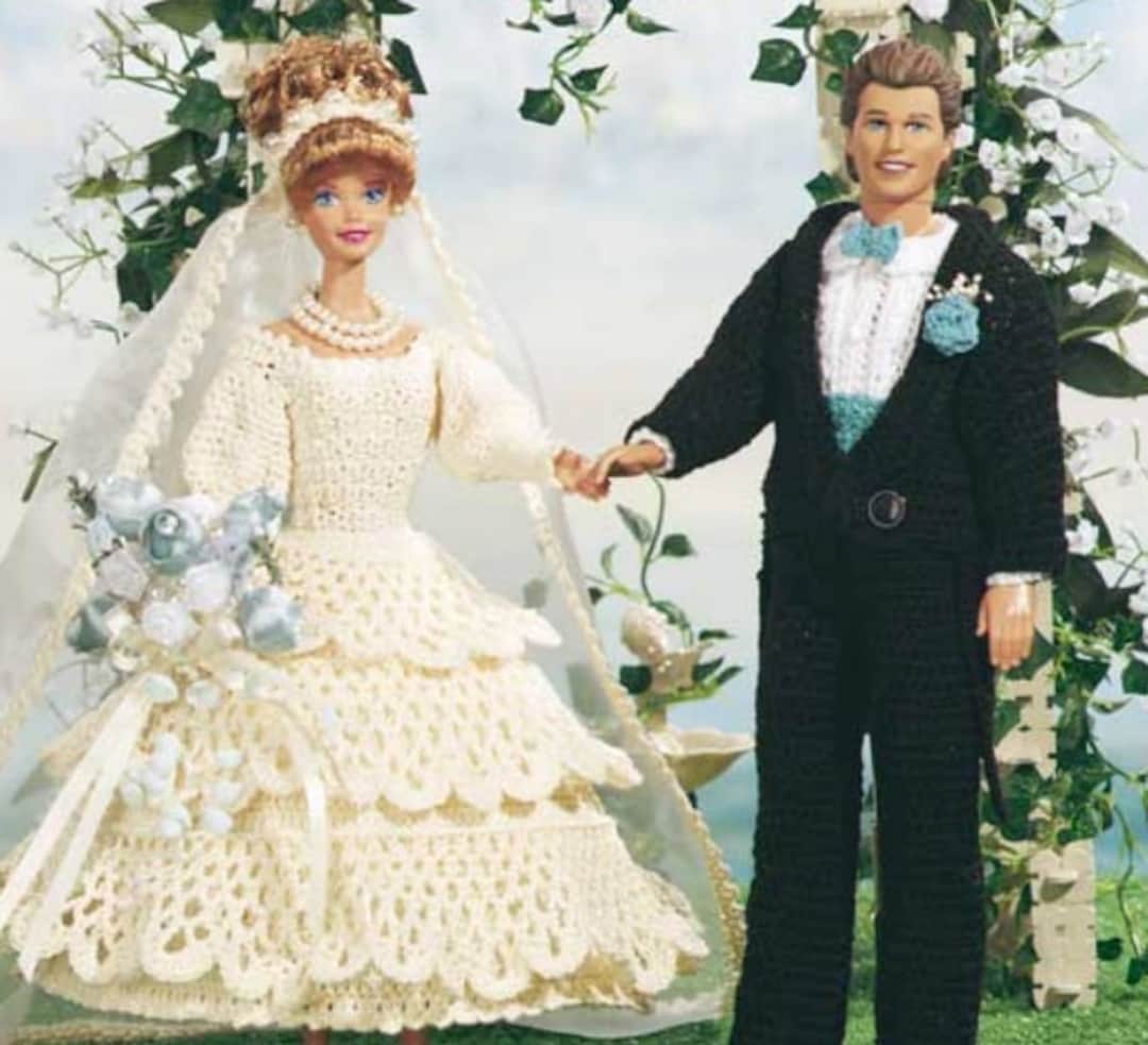 Vintage Crochet Pattern: Barbie and Ken Spring Wedding Attire, Bridal Gown and Tuxedo