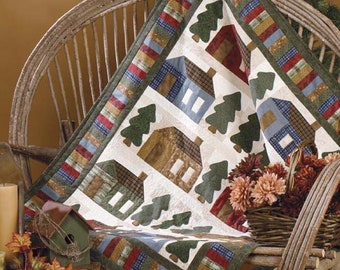 Vintage Quilting Pattern:  Primitive Rustic Forest Cabin Patchwork Applique Quilt 40" x 50"