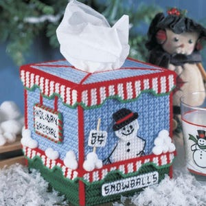 Vintage Plastic Canvas Pattern:  Snowball Stand Winter Tissue Cover Cozy