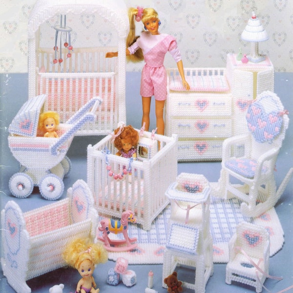 Vintage Plastic Canvas Pattern:  Nursery Baby Furniture for Barbie's Dream Home Doll House