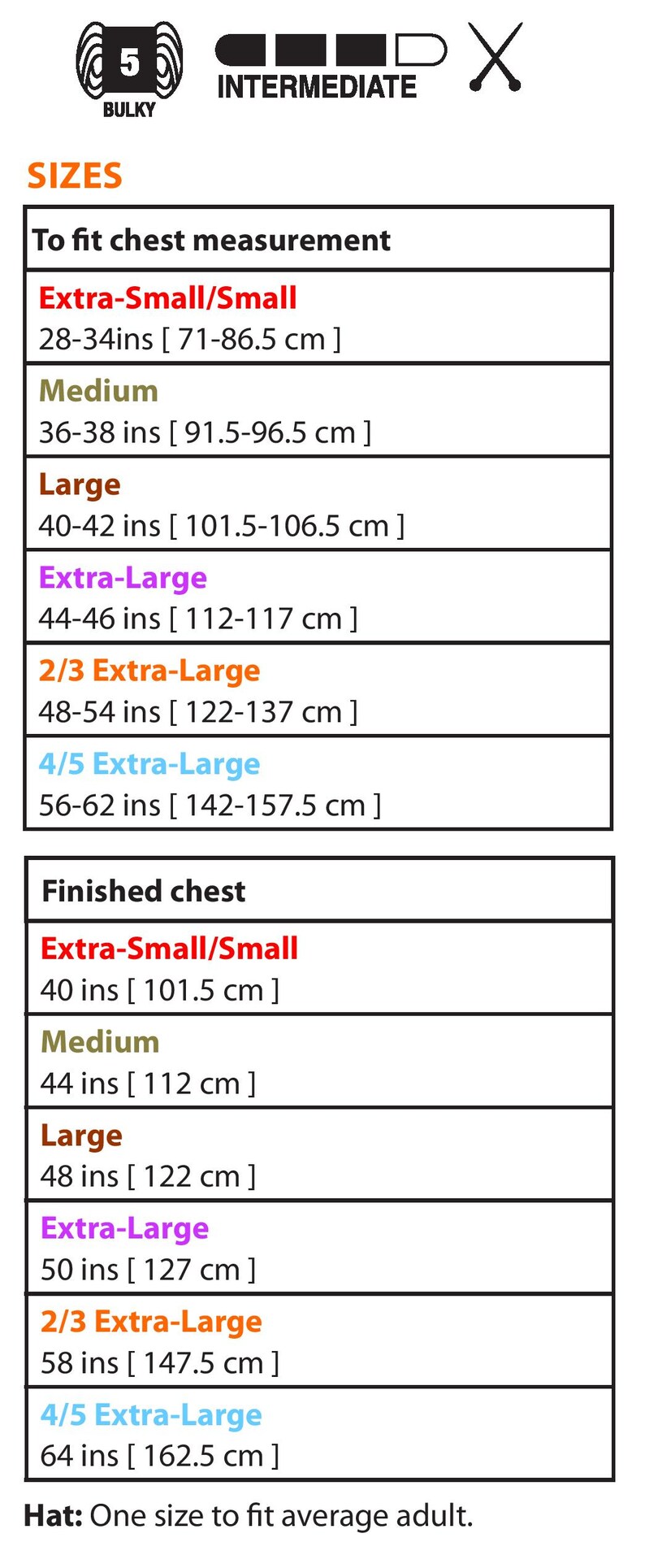 May include: A chart showing the sizes for a knitted garment, with measurements in inches and centimeters. The chart includes sizes for the chest and finished chest, with options for extra-small, small, medium, large, extra-large, 2/3 extra-large, and 4/5 extra-large. The hat is one size fits all.