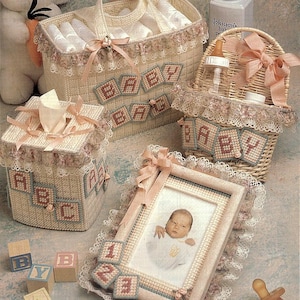 Vintage Plastic Canvas Pattern:  Baby Blocks Photo Frame, Basket, Tote Bag, and Tissue Box Cover Matching Nursery Set