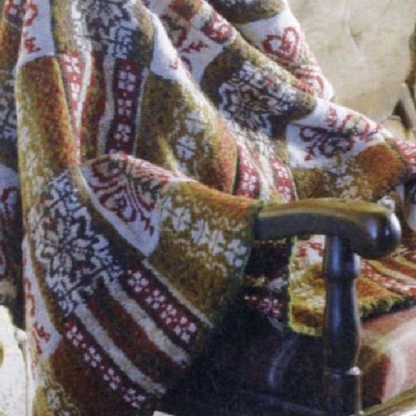 Vintage Knitting Pattern:  Nordic Fair Isle Hearts and Stars Blocks Blanket / Throw