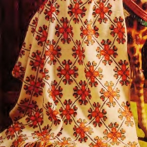 May include: A white crocheted throw blanket with a red, orange, and green geometric pattern. The blanket has fringe on the edges.