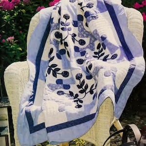 Vintage Quilting Pattern:  Blue Button Flower Applique Quilt (54" x 63")