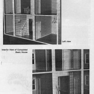 May include: Interior view of a dollhouse with two levels, showing the left and right sides. The dollhouse has a staircase, wallpaper, and doors. The text "Interior View of Completed Basic House" is at the top of the image. The text "Left view" is at the bottom left of the image. The text "Right view" is at the bottom right of the image.