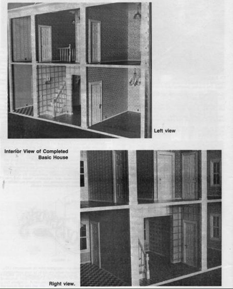May include: Interior view of a dollhouse with two levels, showing the left and right sides. The dollhouse has a staircase, wallpaper, and doors. The text "Interior View of Completed Basic House" is at the top of the image. The text "Left view" is at the bottom left of the image. The text "Right view" is at the bottom right of the image.