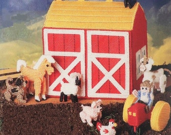 Vintage Plastic Canvas Pattern:  Farm Play Set with Barn, Farmer and Wife, Tractor, and Farm Animal Toys