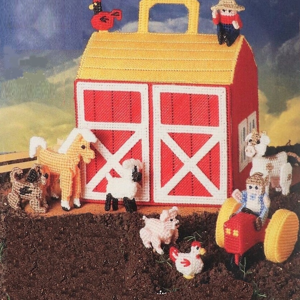 Vintage Plastic Canvas Pattern:  Farm Play Set with Barn, Farmer and Wife, Tractor, and Farm Animal Toys