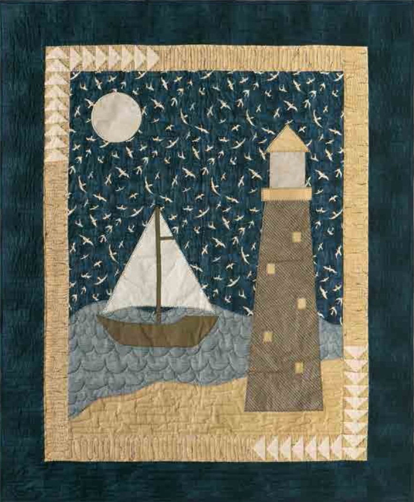Vintage Sewing / Quilting Pattern:  Patchwork Applique Sailboat and Lighthouse on the Ocean Harbor Quilt (48" x 58")