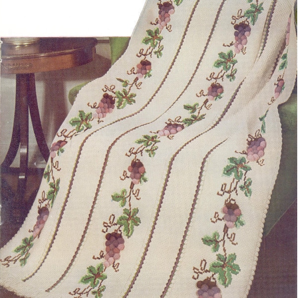 Vintage Crochet and Cross Stitch Pattern:  Heirloom Concord Grape Vines Afghan