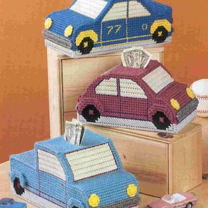 ヴィンテージプラスチックキャンバスパターン：子供用車とトラックの銀行