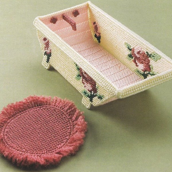 Vintage Plastic Canvas Pattern:  Barbie Doll Victorian Rose Clawfoot / Free Standing Bathtub and Matching Rug