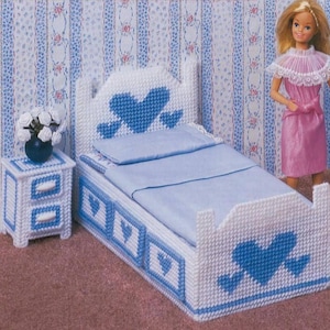 Vintage Plastic Canvas Pattern:  Fashion Doll Barbie Country Blue Hearts Bedroom Furniture