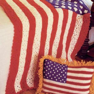Vintage Crochet Pattern:  Patriotic Independence Day American Flag Stars and Stripes Afghan and Pillow