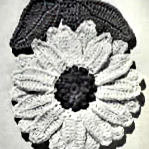 Può includere: Un margherita bianca all'uncinetto con un centro nero e due foglie verdi all'uncinetto.