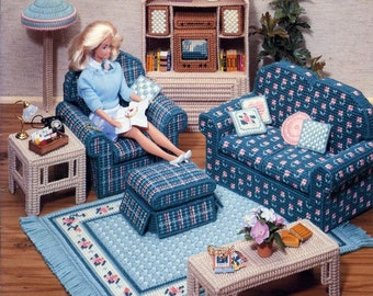 Vintage Plastic Canvas Pattern:  Barbie Dream Home Dollhouse Living Room Furniture (Sofa, Entertainment Center, Floor Lamp, Tables, + More)