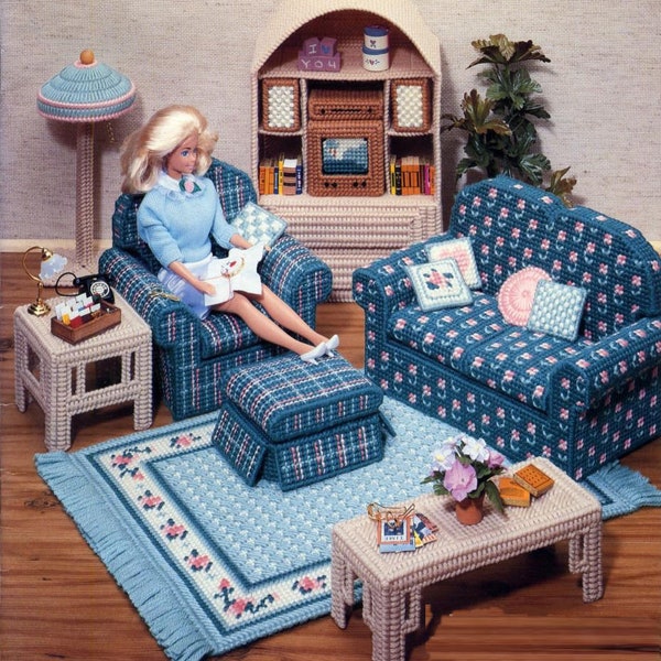 Vintage Plastic Canvas Pattern:  Barbie Dream Home Dollhouse Living Room Furniture (Sofa, Entertainment Center, Floor Lamp, Tables, + More)